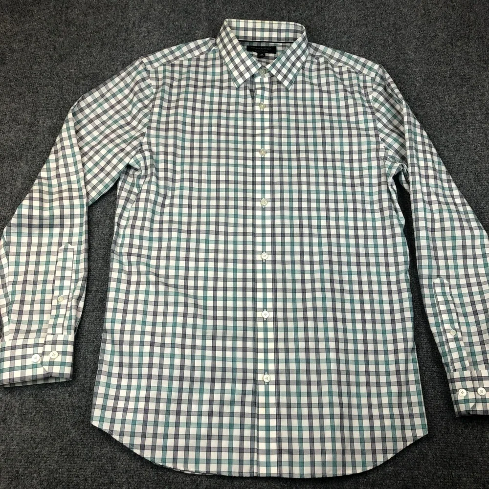Banana Republic Mens Size Medium Slim Fit Plaid Button Down Shirt Teal Navy Blue